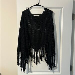 Black Fringe Knit Beach Cover-Up